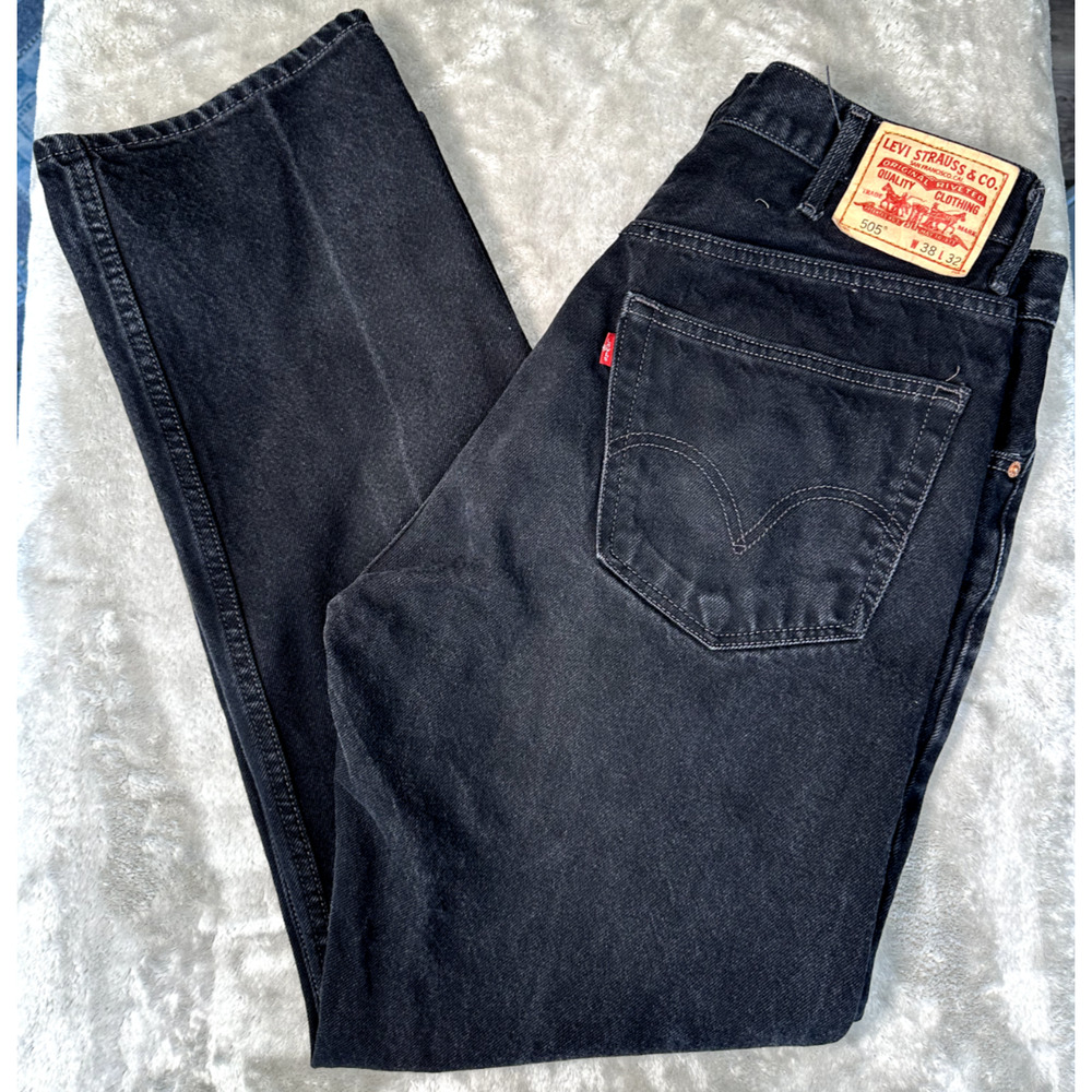 Levi's 505 Black Jeans Cotton Regular Fit Straight Mens Size 38x32 Measure 36x31